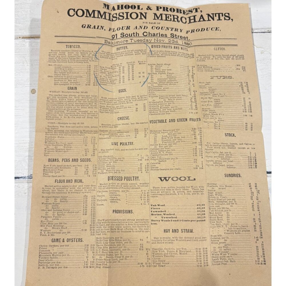 Antique 1880 Mahool & Probst Commission Merchants Newspaper Broadside EPHEMERA